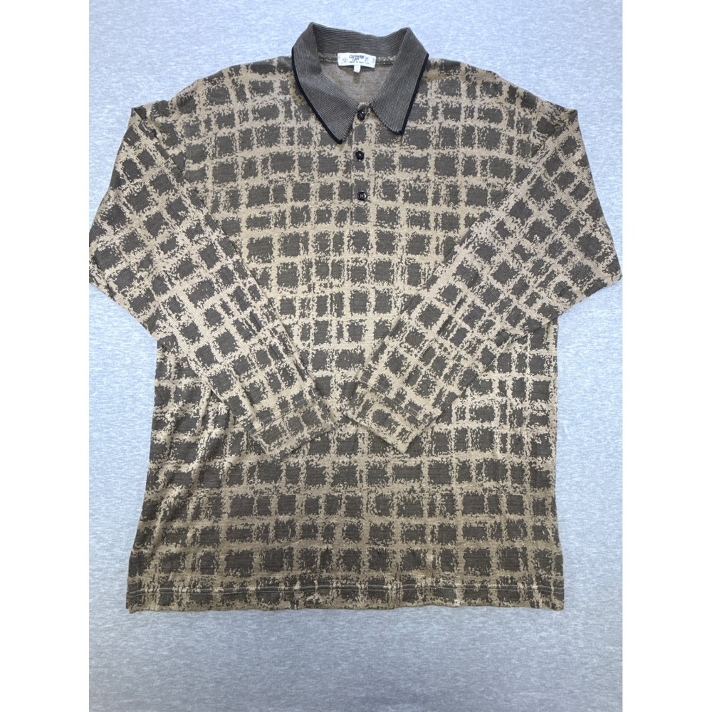 Cuzzens Italy Mens XXL Long Sleeve Knit Polo Shirt Brown Grid Textured Viscose